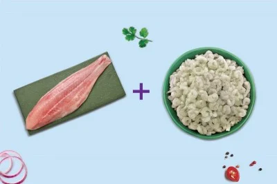 Combo: (Fresh Indian Baasa / Pangasius Boneless Fillet 480g Pack + Small Cleaned Prawns / Kucho Chingdi PUD 250g Pack)